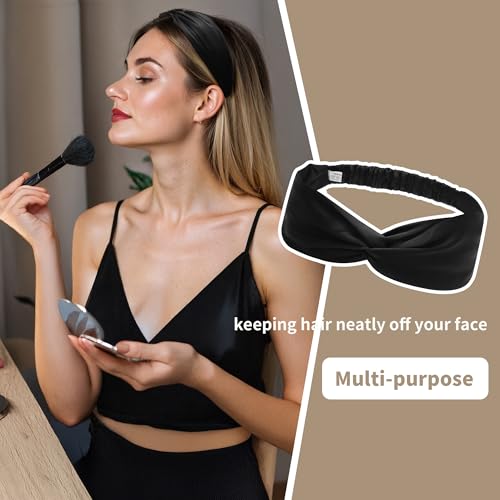 ZLYC Mulberry Silk Headband Elastic Twist Knotted Head Bands for Women's Hair, Solid Black - color: Solid Black