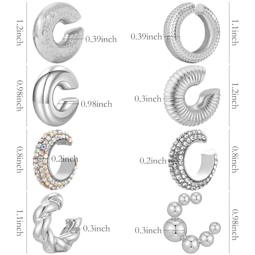NEWITIN 8 Pairs Chunky Gold Ear Cuff Earrings for Women Trendy Thick Ear Cuffs Non Piercing Clip On Earrings Large Cuff Earring Cartilage Clip for Women - color: Silver/8 Pairs