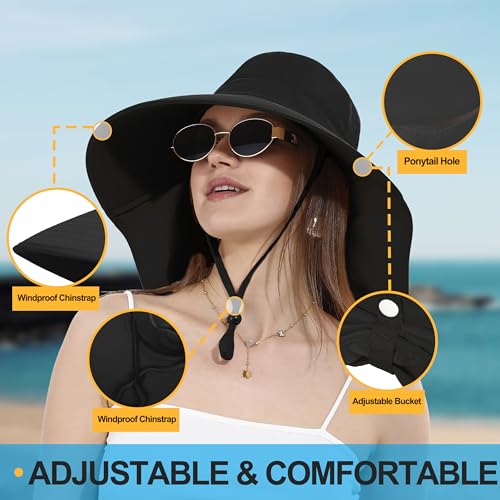 LA CARRIE Women Sun Hats Breathable Wide Brim UV Protection UPF 50+ with Neck Flap Hat for Summer Beach - color: Black