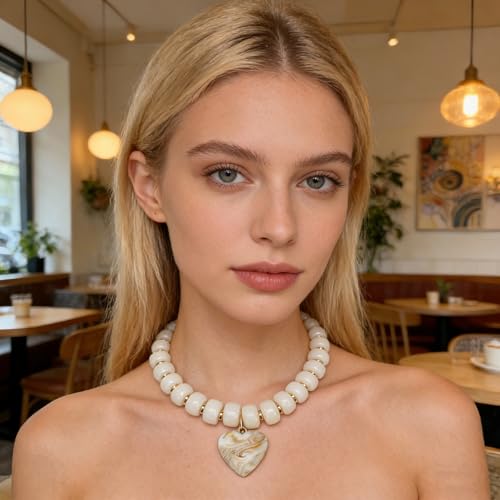 Chunky Colorful Beaded Statement Boho Summer Beach Chokers Necklace Heart Pendant Pink Green Yellow Brown Fashion Jewelry - color: Gold-white