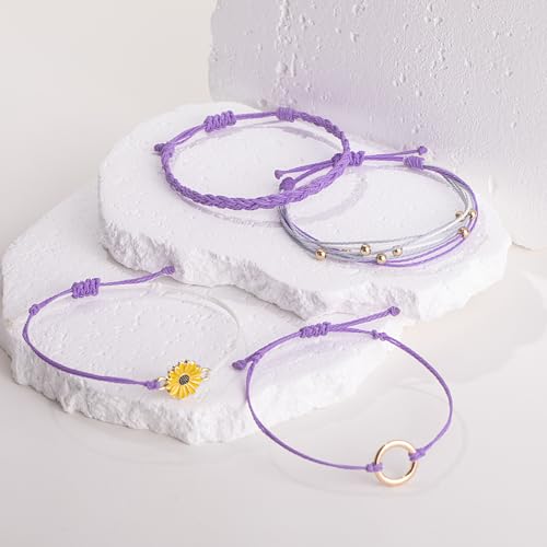 FANCY SHINY Easter Gifts Basket Stuffers Sunflower String Bracelet Boho Braided Rope Wrap Bracelets Cute Summer Beach Surfer Jewelry for Women - color: Purple