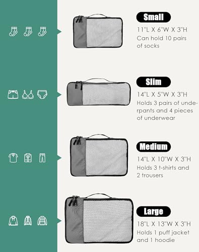 WTREE 4-Piece Packing Cubes Travel Accessories Set for Suitcases - Luggage Organizer Bags with Double Zipper - Mesh Top - Small/Medium/Large/Slim - Dark Grey - color: Dark Grey, size: Slim, Small, Medium, Large