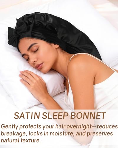 AWAYTR Long Satin Bonnet for Braids - Elastic Silk Hair Bonnets for Sleeping Night Cap Stretchy Tie Band for Women（Black） - color: Black