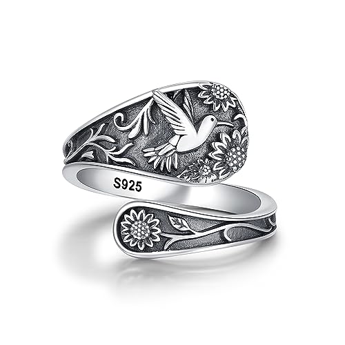 Spoon Ring Sterling Silver Hummingbird Ring Vintage Antique Spoon Rings Adjustable Thumb Rings for Women - color: sunflower