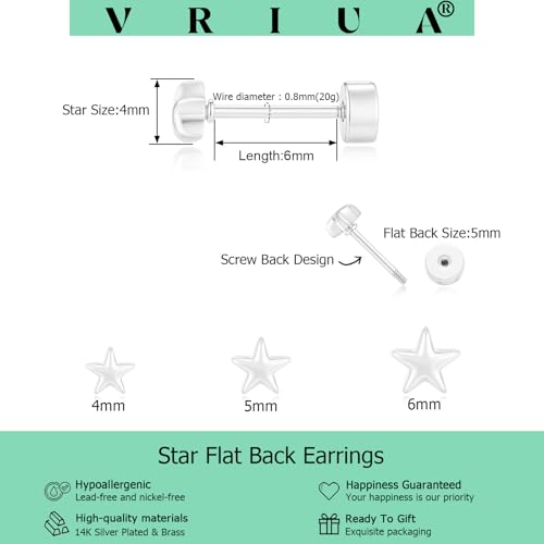 VRIUA 20G Tiny Flat Back Earrings for Women - 14K Gold/Silver Plated Small Flat Back Stud Earrings Hypoallergenic Cartilage Helix Piercing Jewelry - color: 4/5/6mm-Star Flat Silver