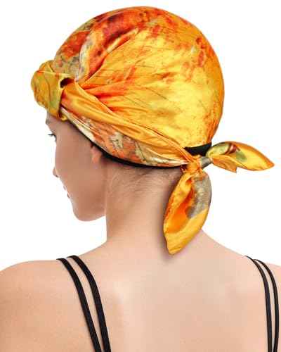 Hair Wrap Scarf and Cap Set for Silk Press, Stretchy Knit Hair Net with Attached Scarf, No Forehead Marks Breathable Net for Women - color: Amber Glow