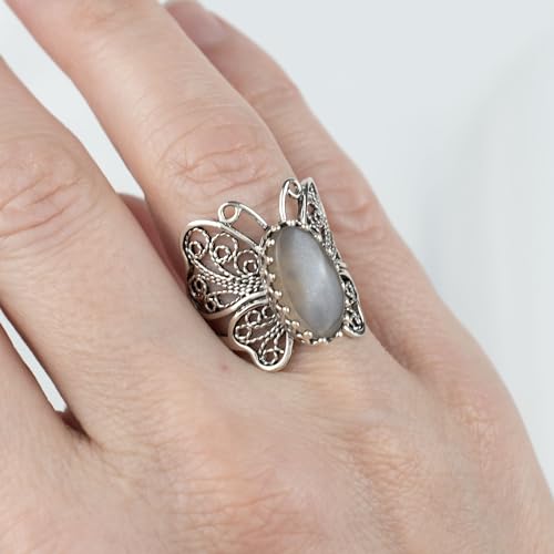 Filigranist Sterling Silver Filigree Art Butterfly Women Cocktail Ring with Gemstones - color: Gray Moonstone