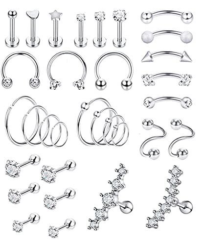 REVOLIA 32Pcs Stainless Steel Cartilage Stud Earrings for Women Conch Helix Tragus Daith Conch Hoop Earing Piercing Jewelry Set - color: Silver-tone