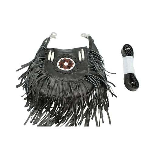 Women’s Genuine Leather Crossbody Belt Bag with Fur Fringe, Braided Bead Handcrafted Design, Clip-On Hip Fanny Pack with Jeans Loop, (J2400LB, Black) - color: Black