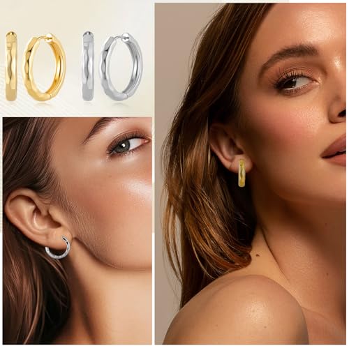 14K Gold Plated Chunky Hoop Earrings for Women, Hypoallergenic 925 Sterling Silver Posts, Lightweight Stylish Jewelry - color: GOLD