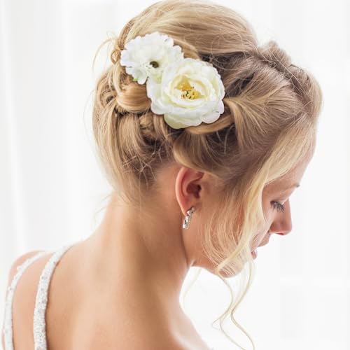 BBTO 21 Pcs Flower Hair Clip Rose Hair Clips Barrettes for Women Flower Accessories Boho Bride Claw Clip Hairpin Brooch Pin Headpiece for Wedding (White) - color: White