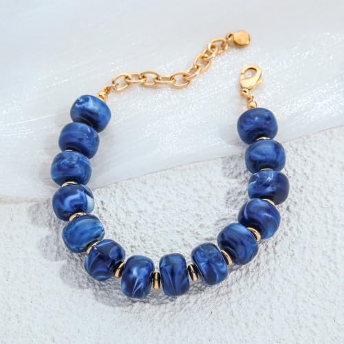 Chunky Beaded Bracelets for Women Boho Multicolor Acrylic Resin Beads Bracelet Adjustable Statement Bracelet Summer Beaded Jewelry - color: Beads bracelet-dark blue