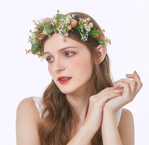 Vivivalue Fairy Floral Crown Woodland Headband Elf Flower Headpiece Hair Wreath Forest Elven Circlet for Women Halloween Renaissance Wedding Bridal Cosplay Prom Photo Props Green - color: 5