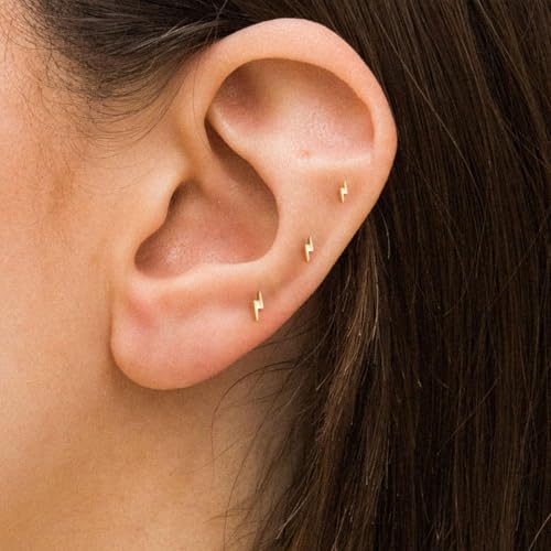 VRIUA 20G Tiny Flat Back Earrings for Women - 14K Gold/Silver Plated Small Flat Back Stud Earrings Hypoallergenic Cartilage Helix Piercing Jewelry - color: 4/5/6mm-Lightning Flat Gold