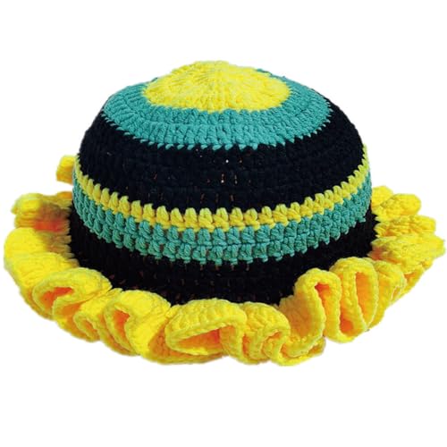KORADI Womens Crochet Bucket Hat Ruffled Brim Knitted Hats Winter Boho Handmade Caps - color: Yellow&black