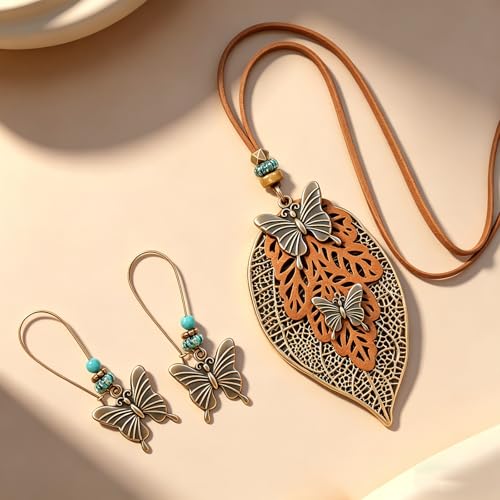 Wooden Leather Necklaces Set Bohemian Wood Stack Discs Long Chain Hemp Rope Bronze Plated Pendant Ethnic Tribal Fall Leaf Earrings Jewelry Statement Necklace - color: R-030