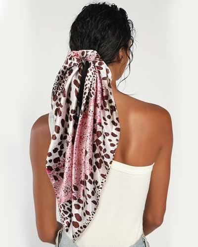 AWAYTR 35” Satin Head Scarf for Women Like Silk Scarf for Hair Scarf Satin Hair Bandana Women Headscarf Hair Wrap Scarf Neck - color: Leopard -Pink