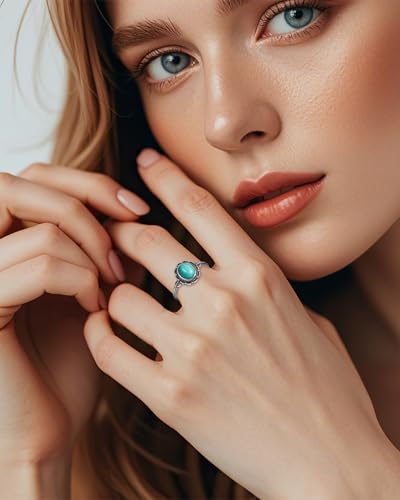 Turquoise Ring for Women, S925 Sterling Silver Boho Ring with Vintage Filigree Adjustable Design, Turquoise Birthstone Jewelry for Dating Daily Wear