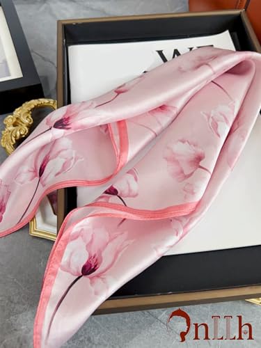 Silky Scarf for Women Lightweight Satin Bandanas Neck Hair Wrap For Sleeping Head Scarves 27.5" - color: A04 Pink Tulip/27.5"