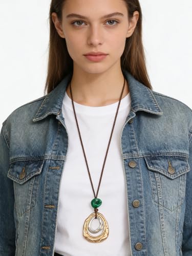 GelConnie Leather Necklace for Women Round Wooden Pendant Long Leather Choker Vintage Sweater Necklace Gold Chunky Boho Necklaces for Women - style: Boho Circle Necklace Gold