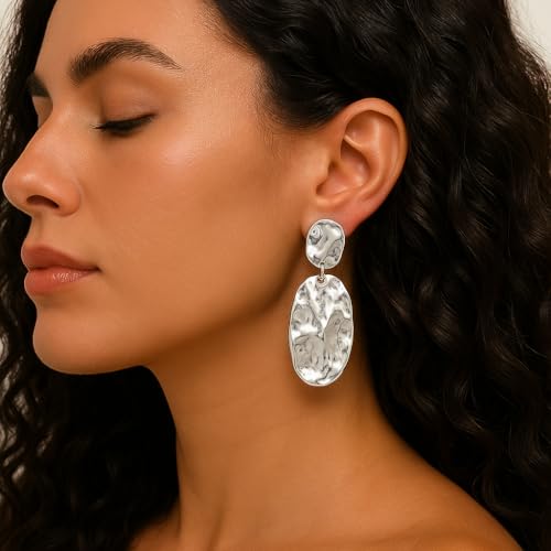 Chunky Irregular Geometry Clip On Earrings for Women, Matte Gold/Silver Retro Oval Dangle Drop Clip Earrings Non Pierced Clips Stetement Jewelry Gifts - color: Silver