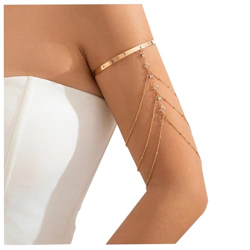 Simple Crystal Bead Tassel Upper Arm Chain Bracelet Multi-layered Bikini Armlet Rhinestone Adjustable Open Arm Cuff Bangle Bracelets Summer Beach Body Jewelry for Women - style: Gold