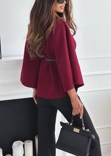 Zaswen Batwing Long Sleeve Cloak Coats for Women Fall Winter Stand Up Collar Oversized Cape Poncho Jackets with Belted - color: Wine Red, size: Small