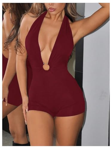 Milumia Women's Sexy Deep V Neck Sleeveless Romper Ring Decro Backless Halter Unitard Jumpsuit Party Outfits - color: Burgundy, size: Large