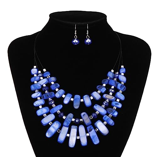 3 Layered Chunky Statement Necklace for Women Beaded Strand Necklaces with Earring Fashion Costumes Collar Necklace Jewelry Sets Gifts for Women - color: 50-Sapphire