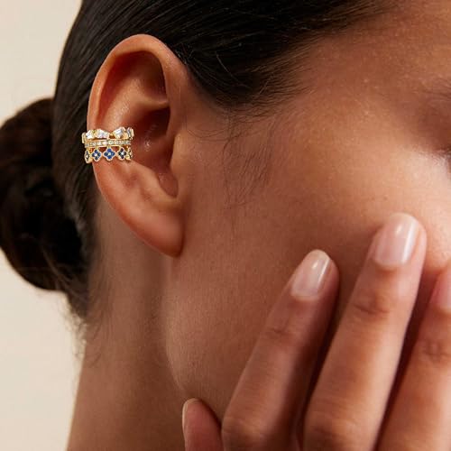 FETTERO Ear Cuff Earrings for Women Non Piercing 14K Gold Plated Ear Cuffs for Non Pierced Ears Clip on Cartilage Earring Ligthweight Fake Earrings | Single - style: Blue clover