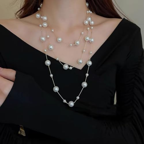 Layered Pearl Necklaces for Women Big Pearl Long Chain Necklace Dainty Faux Pearl Necklaces Statement Sweater Strand Chain Jewelry - style: gold