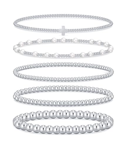 Gold Beaded Bracelets for Women, 14K Real Gold Plated Jewelry for Women Dainty Pearl Bead Bracelets Stack, Non Tarnish Trendy Stackable Ball Cross Stretch Bracelet Set Fashion Accessories Gifts - color: Silver cross bead