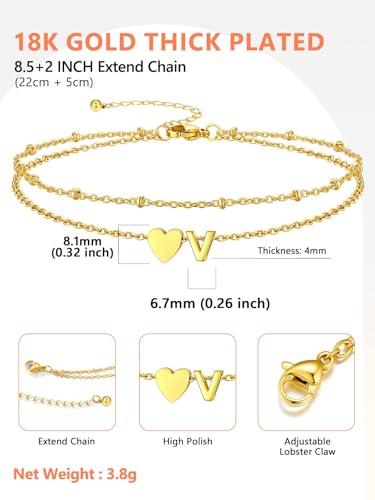 Silvora Ankle Bracelets for Women Waterproof 14K Gold/Silver/Black Initial Anklet for Women Dainty Layered Heart Ankle Bracelets Stainless Steel Adjustable Foot Chain Anklet Summer Beach Jewelry - color: Gold-14K Gold Plated, size: 22.V