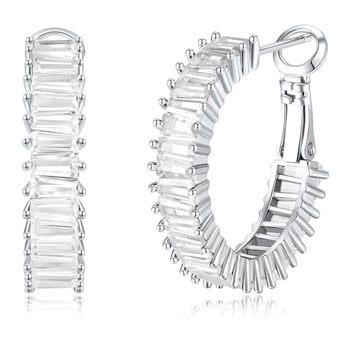 Trendy 14K Gold Plated Hoop Earrings for Women, Chunky Gold/Silver Earrings for Women Cubic Zirconia Baguette Hoop Earrings Heart Hoops Lightweight Hypoallergenic Jewelry,25mm/35mm/40mm/50mm - color: 01 Silver CZ Hoops 25mm