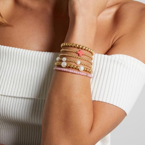 VIBILIA Gold Beaded Bracelets Set for Women 14K Gold Plated Dainty Pearl Cross Bracelet Stack Stretch Bracelet Set Fashion Accessories Gifts - color: 6P-#04-6462-Pink