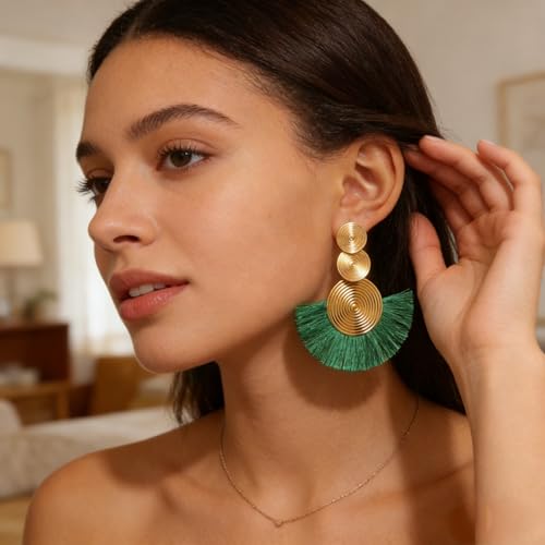 Women's Dark Green Boho Fringe Earrings, Statement Dangling Green Earrings, Bohemian Hippie Fringe Jewelry for Party, Date & Social Occasions