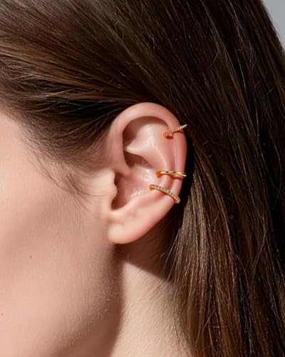 COCHARM 3PCS Ear Cuffs Non Piercing,14K Gold Plated Fake Helix Conch Earrings for Women, Surgical Steel Ear Cuff Cartilage Hoop Earrings