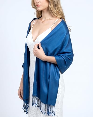 Achillea Lightweight Pashmina Scarf for Women – Soft Silky Shawl Wrap for Evening Dresses, Bridesmaids & Everyday Wear - color: Denim Blue