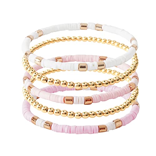 GOOJIDS Surfer Heishi Clay Bead Bracelets for Women Bohemian Stackable Gold Plated Beaded Stretch Bracelets Elastic Layering Friendship Bracelets Set Boho Jewelry - color: C-New Light Pink Sets