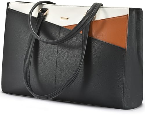 LOVEVOOK Laptop Bag for Women 15.6 Inch Tote Bags Waterproof Leather Briefcase Computer Women Business Office Work Bag,Black-Brown-Beige - color: Black-brown-beige 15.6 Inch, size: 15.6 inch