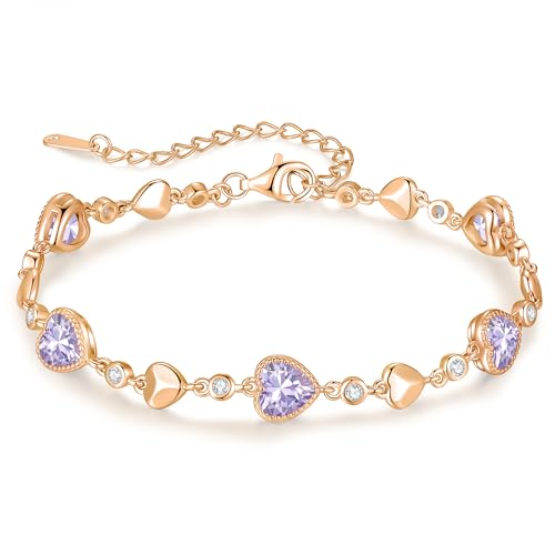 925 Sterling Silver Birthstone Heart Bracelet Jewelry Gift for Women | Rose Gold Plated Bracelets,Hypoallergenic,Adjustable Chain Personalized Anniversary Christmas Jewelry Gift for Mom Wife - color: Rose Gold-06-Jun