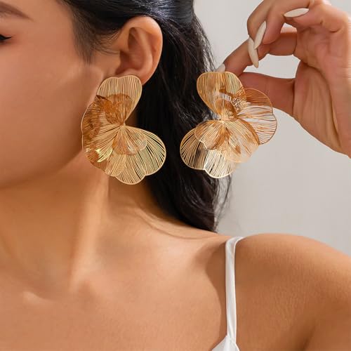Gold Large Flower Dangle Earrings for Women Vintage Big Ginkgo Leaf Statement Silver Earring Trendy Oversized Floral Punk Jewelry Hip Hop Accessories - color: Gold