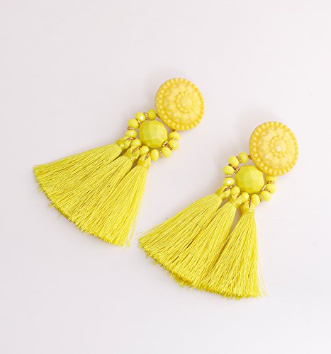boderier Bohemian Statement Thread Tassel Chandelier Drop Dangle Earrings with Cassandra Button Stud - color: Yellow