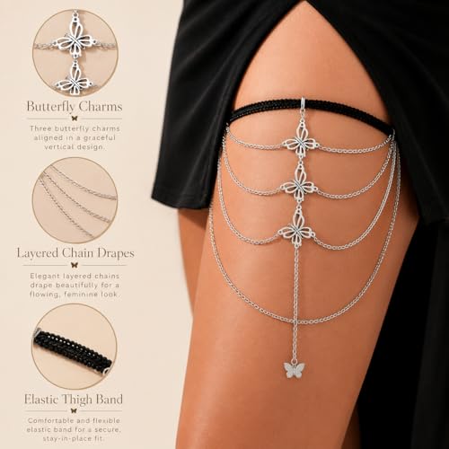 Butterfly Leg Chain for Women Green Butterfly Thigh Jewelry Lace Garter Body Chain Fairy Festival Party Outfit Accessory Gift - color: Silver