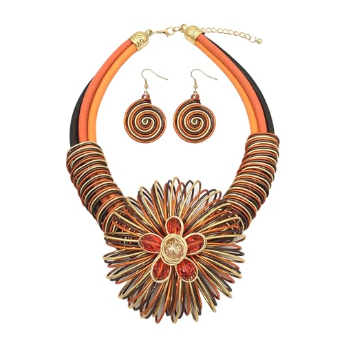 Statement African Necklace For Women African Jewelry Costume Earring Sets Tribal Fashion Colorful Big Rhinestone Crystal Pendent Collar Choker Bold Chunky Bib Handmade - color: Flower Orange