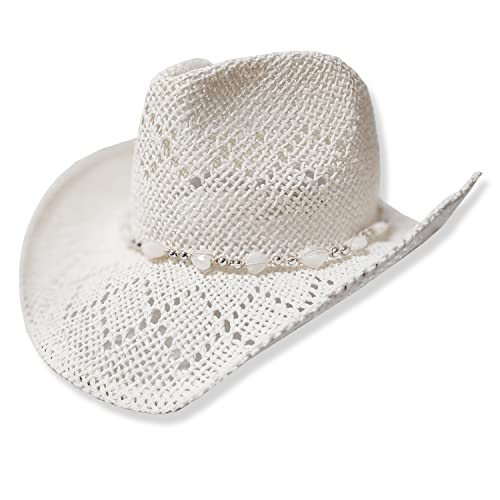 TOVOSO Western Cowgirl Hat, Straw Cowboy Hat for Women with Shapeable Brim, Beaded Hearts Trim, Shapeable Cowboy Hat - color: White With White Trim