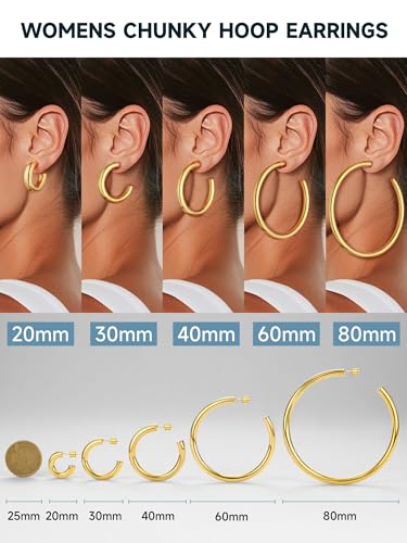 Stainless Steel Chunky Hoop Earrings For Women, Minimalist and Chic, Black/Gold Plated, Round Hoops Earrings Hypoallergenic, Size: 30mm/40mm/60mm/80mm, Come with Box - color: 2. Gold, size: 20MM
