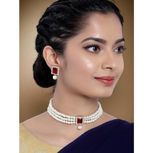 Aheli Ethnic Choker Necklace Earrings Wedding Bollywood Party Jewelry Set Gift for Women - color: Maroon 1