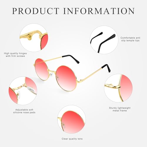 NACHLYNN Round Hippie Sunglasses Metal Border Circle Hippie Glasses UV380 Protection 70s Sunglasses for Men Women Party Favor - color: Gradient Red