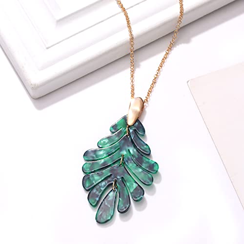 ARATLENCH Acrylic Pendant necklace Earrings – Long Statement Leaf Charm Necklace Tortoise Resin Palm Leaf Earrings Fashion Necklaces Earrings for Women - color: green-necklace